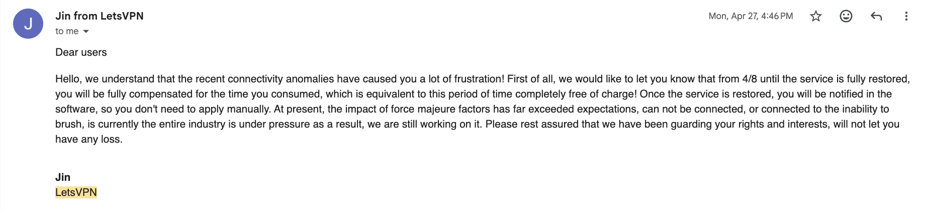 LetsVPN email saying service would be restored later